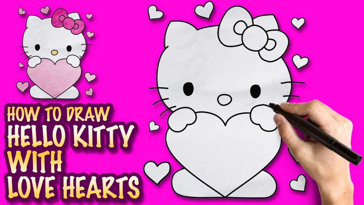 How to draw Hello Kitty with Love Heart - Easy step-by-step drawing