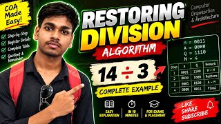 Restoring Division Algorithm Explained with Example🔥 | 14 ÷ 3 | COA | Easy Step-by-Step