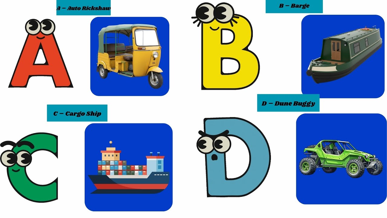 ABC Rhymes with Vehicles | Auto Rickshaw, Barge, Cargo Ship, Dune Buggy | Kids Vibes
