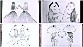 4 dibujos de mejores amigos / Tutoriales de dibujo a lápiz / BFF dibujo simple y fácil