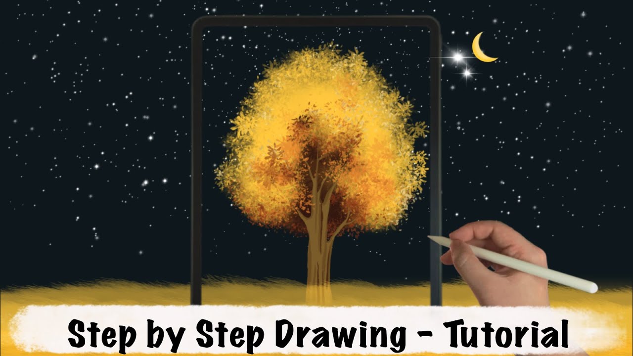 A Yellow Tree Under the Stars and Moonlight iPad Procreate Drawing ...