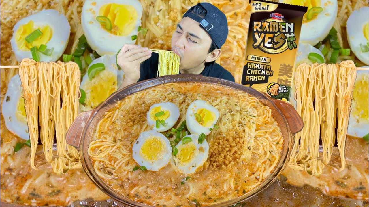 ENAK BANGET!!MUKBANG 5 BUNGKUS MIE SEDAAP RAMEN YES RASA HAKATA CHICKEN RAMEN