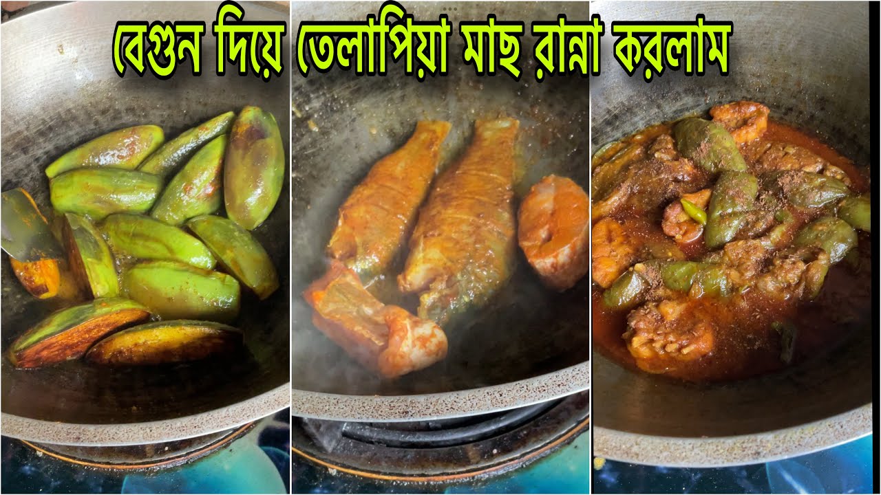 বেগুন ভেজে রুই আর তেলাপিয়া মাছ দিয়ে রান্না করলাম | বেগুন দিয়ে তেলাপিয়া মাছের রেসিপি | Begun recipe