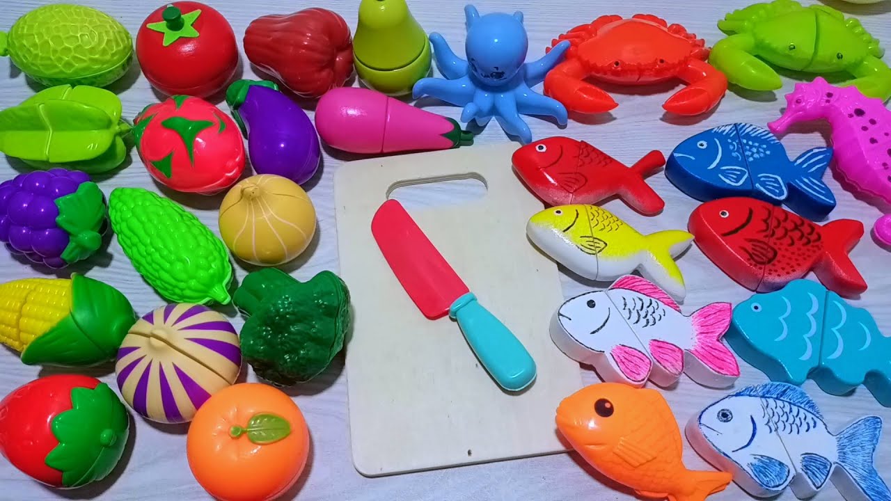 Memotong Buah Buahan Dan Sayuran Mainan -  Ikan kepiting Gurita Wortel Tomat Sawi Jagung Terong Ungu