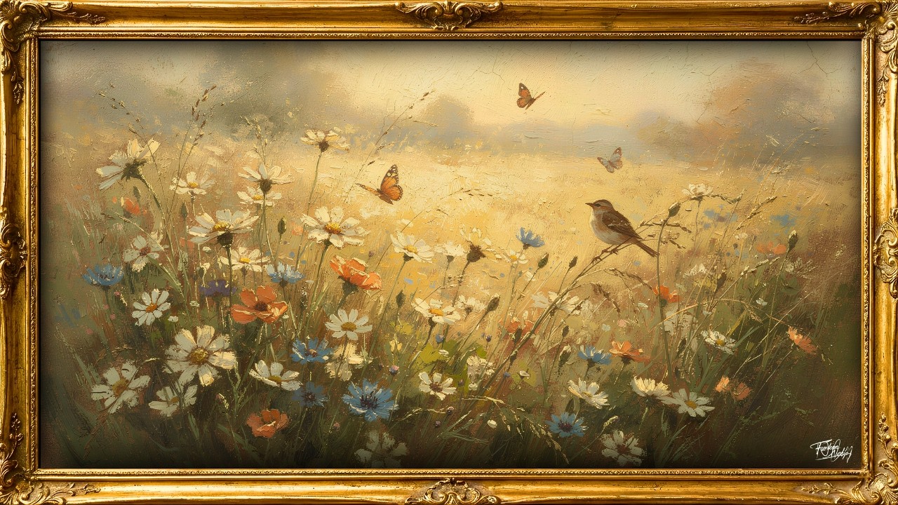 4K Frame TV Art 🌸 Sunny Wildflower Meadow | Vintage Oil Painting Ambient | Silent TV Background