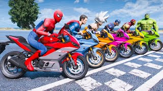 Spiderman Racing Motorcycles with Superheroes - Jump on The Trampoline