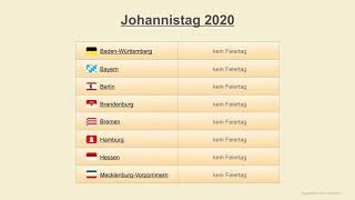 Johannistag 2020 - festtage deutschland 2020► mehr dazu:
https://www.schulferien-deutschland.info/feiertage► jahreskalender:
https://amzn.to/2foan2l (werbun...