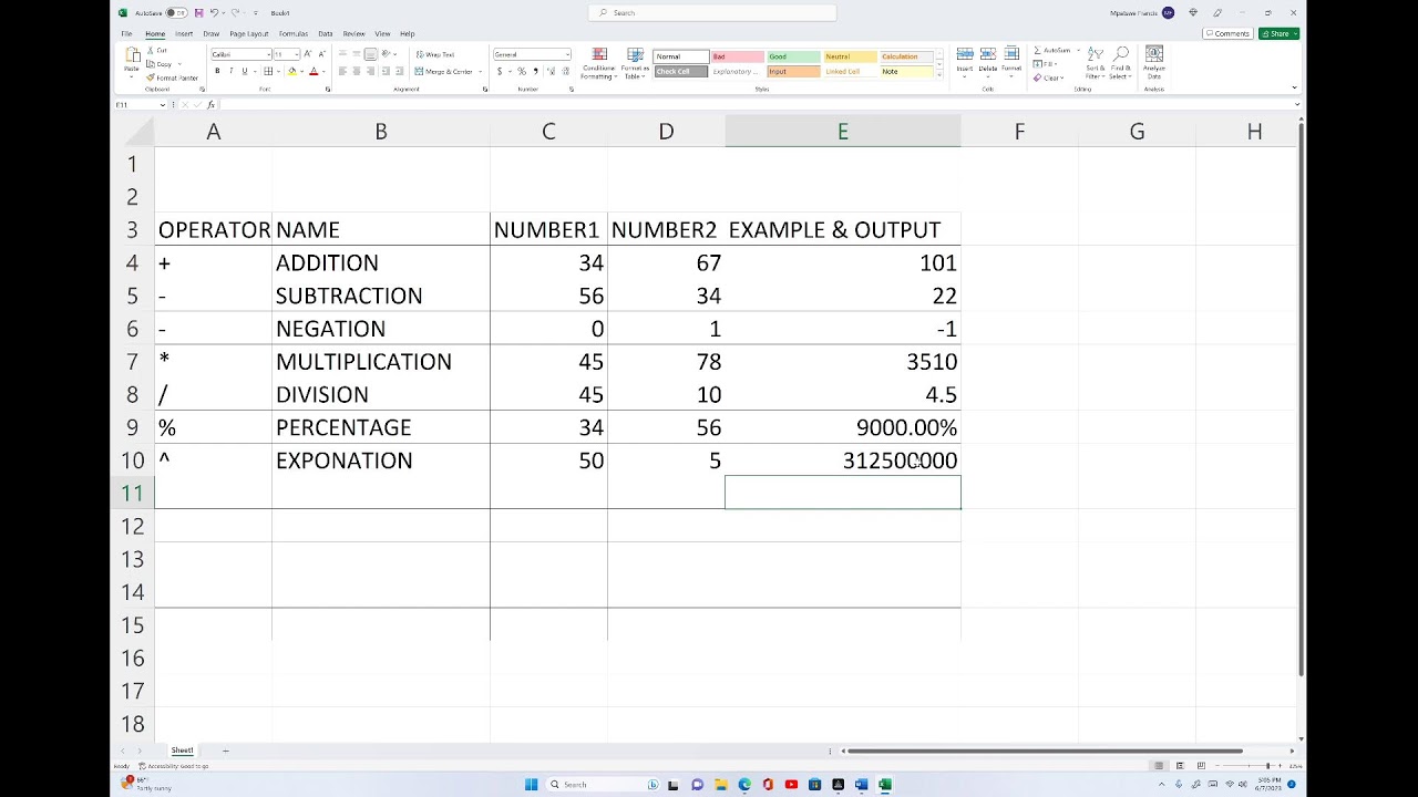 ARITHMETIC OPERATORS IN MICROSOFT EXCEL