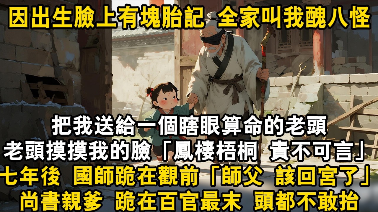 因出生臉上有塊胎記，全家叫我醜八怪把我送給一個瞎眼算命的老頭老頭摸摸我的臉「鳳棲梧桐貴不可言」七年後國師跪在觀前「師父 該回宮了」尚書親爹 跪在百官最末 頭都不敢抬#爽文 #故事頻道 #情感 #萌娃