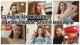 GÜNLÜK MAKYAJ+CİLT BAKIM RUTİNİM💄🧖🏻‍♀️ve PAMUK ŞEKER MAKİNEM🍡💖/pamuk şeker yaptık🥹