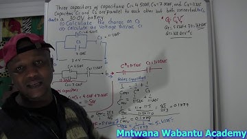 Three Capacitors, with Capacitances C1 = 4.0 μF, C2 = 3.0 μF, and C3 = 2.0 μF, are connected to a 12