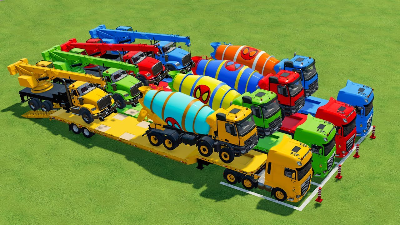 TRANSPORTING ALL COLORFUL ELKON MIXER TRUCK, DAF XT CRANE TO GARAGE WITH  FLATBED TRAILER TRUCK