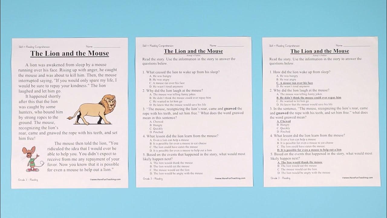 The Lion and the Mouse Reading Comprehension Worksheet - YouTube