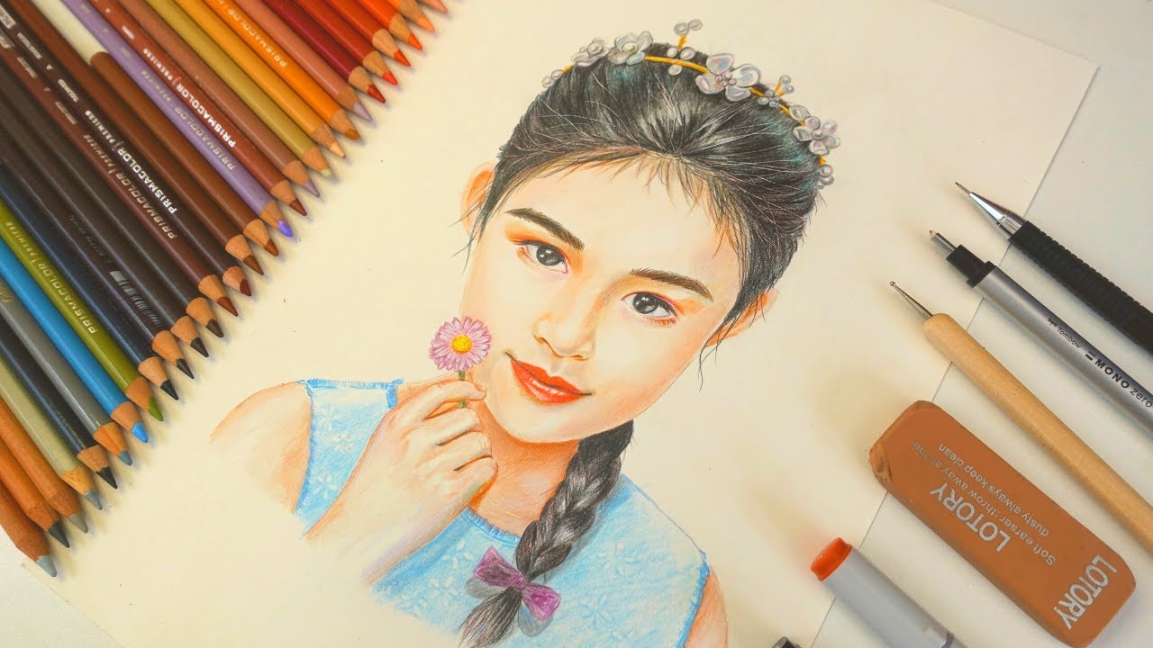 Colored Pencil Drawing A Girl/如何用彩铅绘画优雅的姑娘 - YouTube