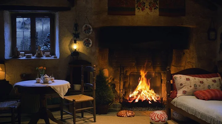 Snow Storm and Breathtaking View from the Bed in a Cozy Cabin, Crackling Fire & Wind Sound - Winter