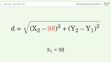 Find the distance between two points p1 (98,2) and p2 (28,35): Step-by-Step Video Solution