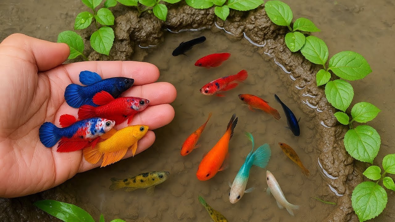 Surprised Catch Colorful Aquarium Fish In Small Pond, Carp, Pencil Dish, Glass Fish, Guppy, Koi Fish