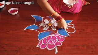 Aadi flower padi kolam|easy muggu| aadivelli kolam|Beautiful color rose rangoli with 5*3 dots