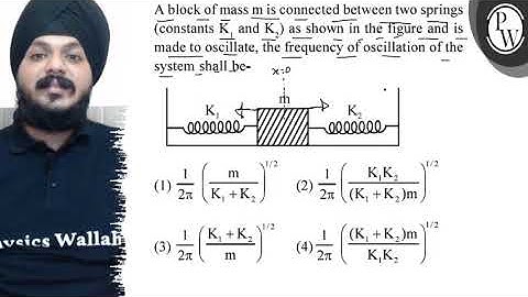 A block of mass \( m \) is connected between two springs (constants...