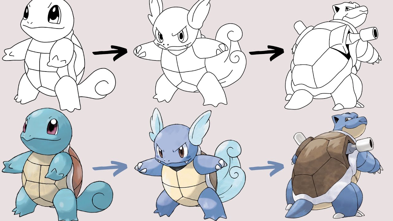 ゼニガメ、ゼニガメ、カメックスの描き方 | ポケモンの進化 - YouTube