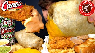 asmr mukbang Chipotle + Canes! Giant Burrito Chicken & fries W Extra Canes Sauce & Cheese