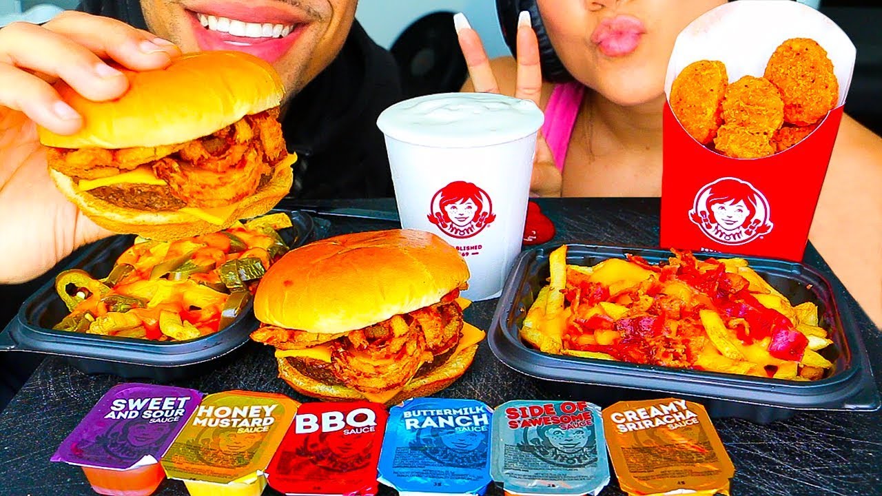 ASMR EATING WENDY'S SPICY CHICKEN NUGGETS BACON CHEESE FRIES FROSTY ICE CREAM MUKBANG JERRY WIFE