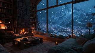 Full Quiet Snowy Cabin Night | Warm Fireplace Crackling and Gentle Snowfall for Deep Sleep and Rest Guide