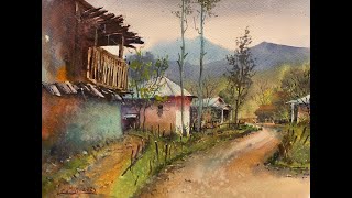 Watercolor painting tutorial - Village Scene