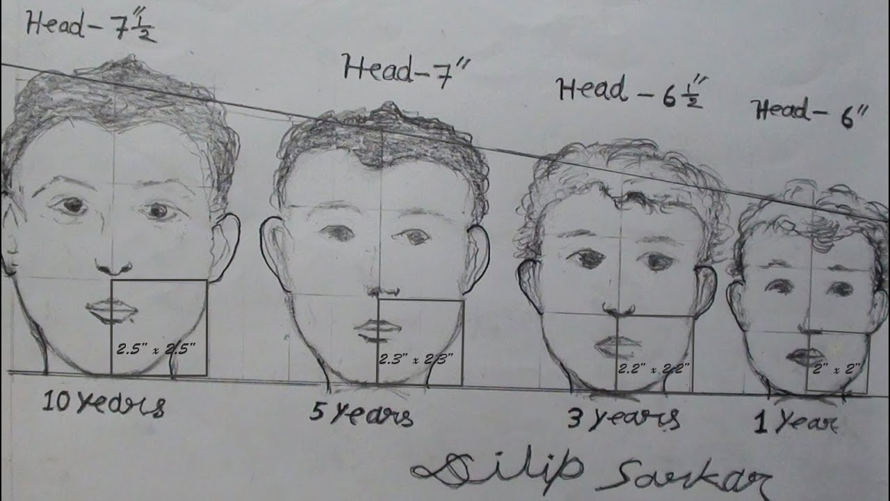 How To Draw - Human Head Size 1 Year To 10 Years Old - With Pencil - Youtube