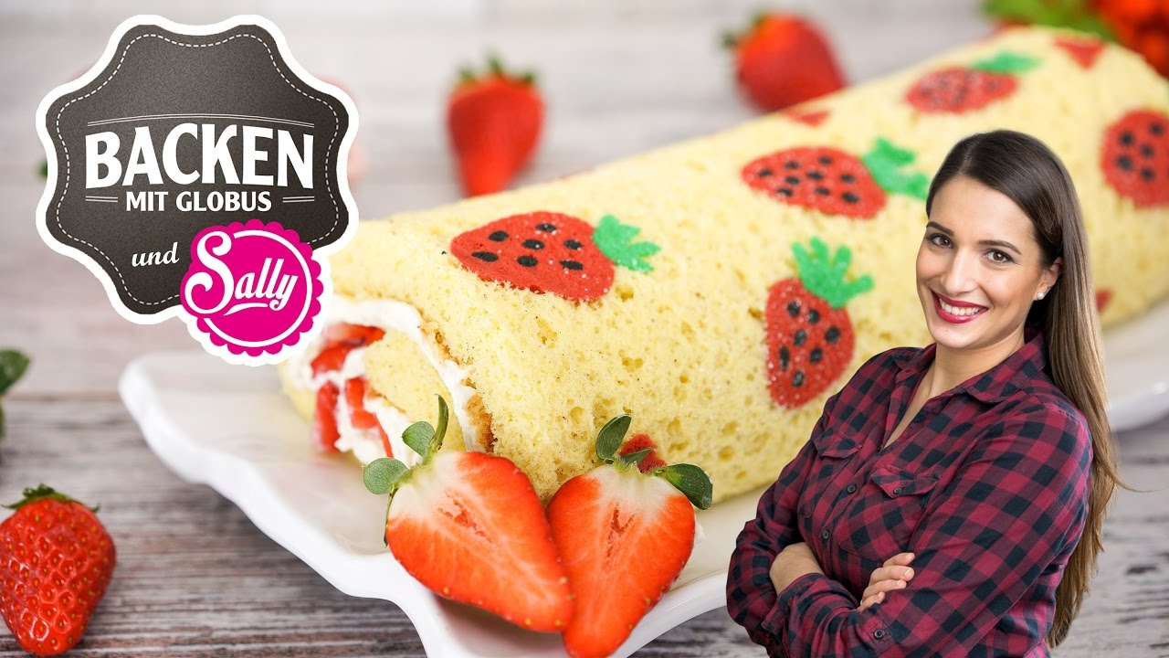 Biskuit-Sahnerolle mit Erdbeeren | Backen mit Globus &amp; Sallys Welt #28 ...