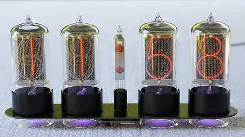 Nixie tube clock with ESP32 and LEDs floating on a pedestal of acrylic rings