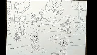 How to draw children cleaning garden || Swachh Bharat Abhiyan Drawing || Easy memory Drawing ||