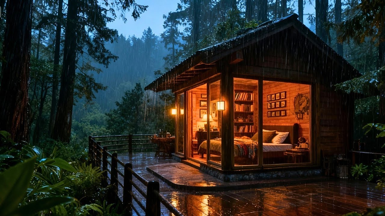 Warm Cabin Ambience with Gentle Rainfall ⎯ Cozy Forest Escape for Sleep ...