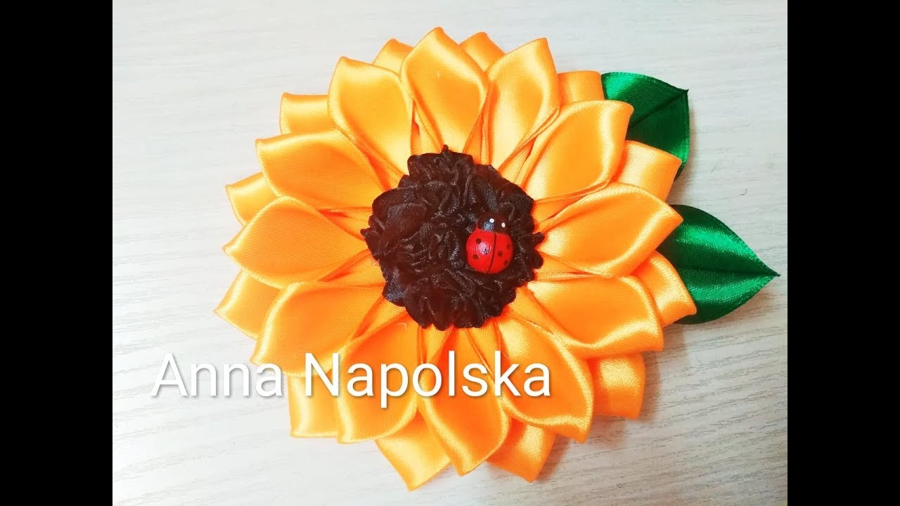 Брошка Соняшник канзаши. Брошь подсолнух своими руками.Brooch Sunflower kanzashi