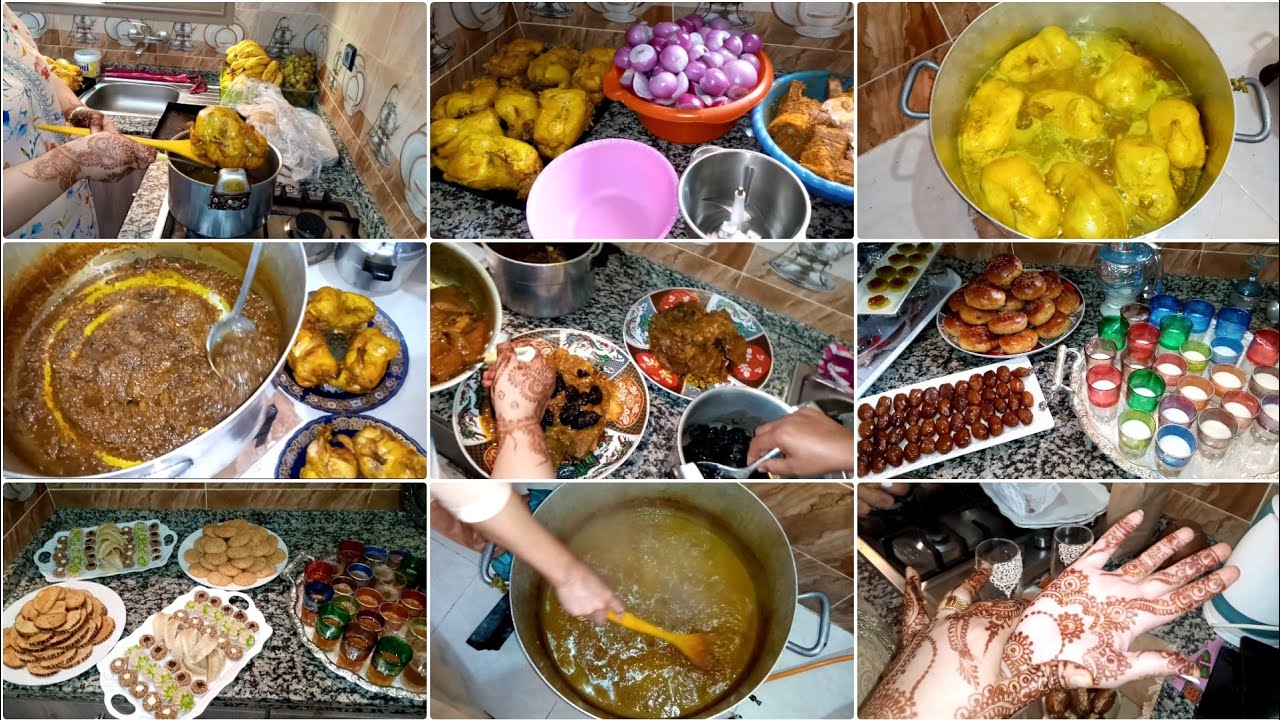 إستقلال أهلا عروستنا نهار الفطور تقاليد المغربية حلب تمر قراشل غداء دجاج مدغمر اللحم مدغمر ومحمر