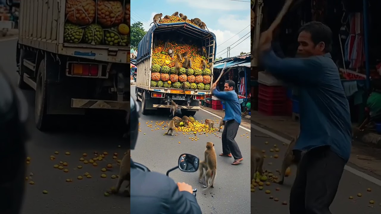 Group of Monkeys Blocks a Fruit Truck in the Busy Market