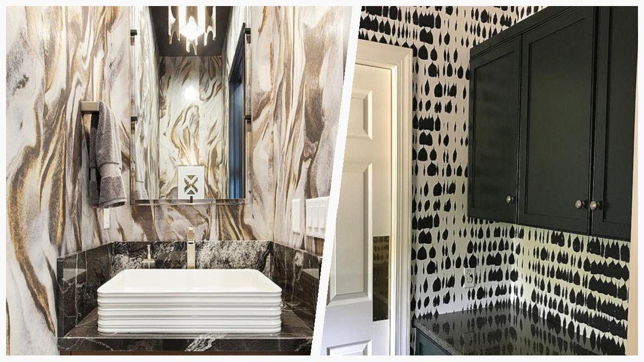 75 Wallpaper Powder Room With Black Countertops Design Ideas You'll ...