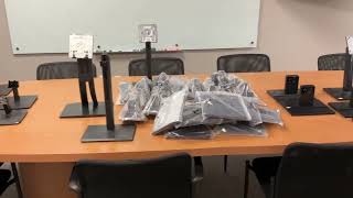 LOT OF TYPEWRITER SUPPLIES, HP LASERJET PRINT CARTRIDGES, AND MULTIPLE MONITOR STANDS