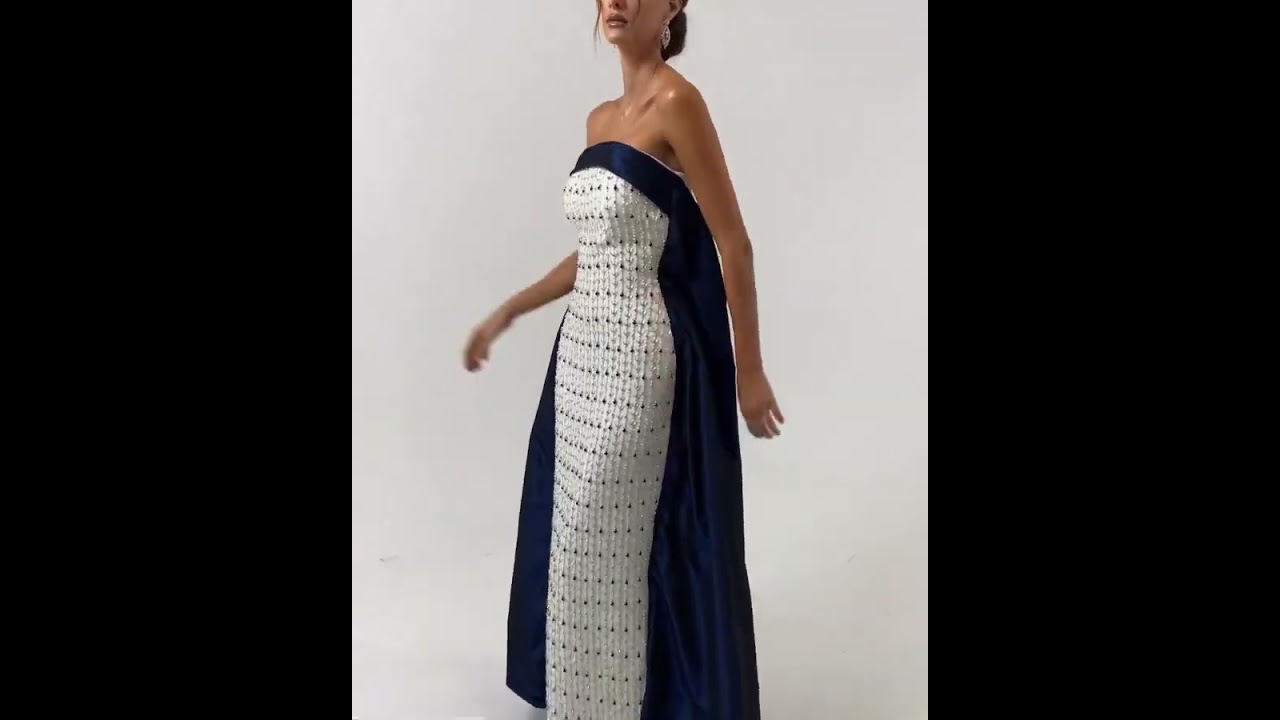 SS422 Navy Blue White Strapless Luxury Dubai Evening Dresses  