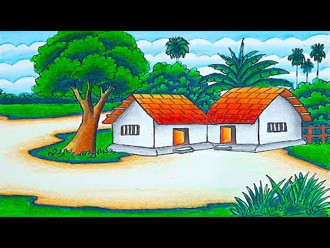 beautiful village scenery drawing with oil pastel color - YouTube