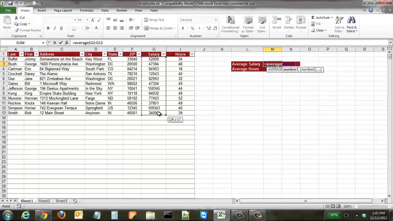 How to calculate Sum and Average of numbers using formulas in MS