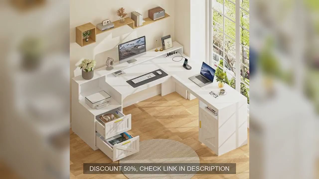 63" Farmhouse L Shaped Executive Desk with Drawers & Storage Shelf, Corner Computer Desk with Power
