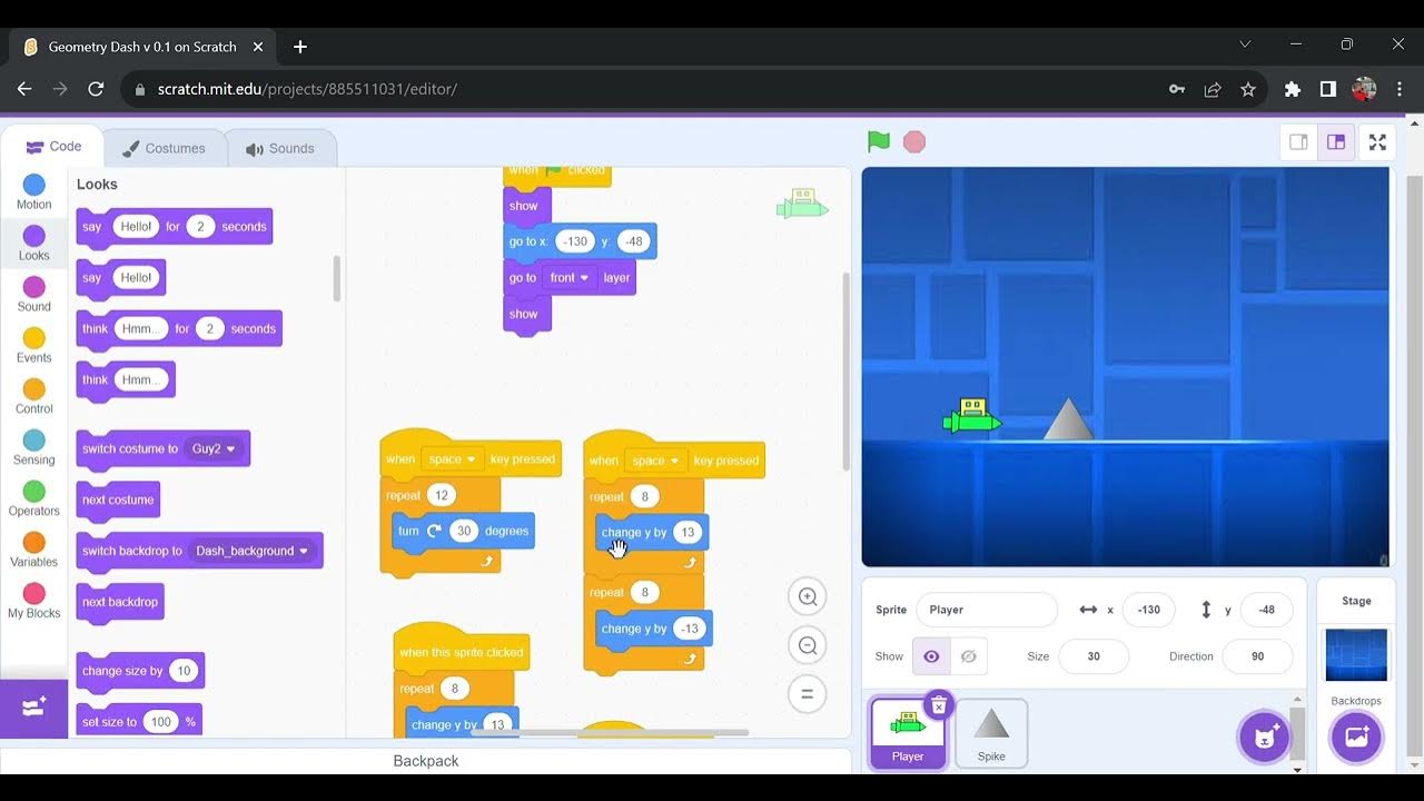 How to make a simple geometry dash game on scratch part 2 spikes
