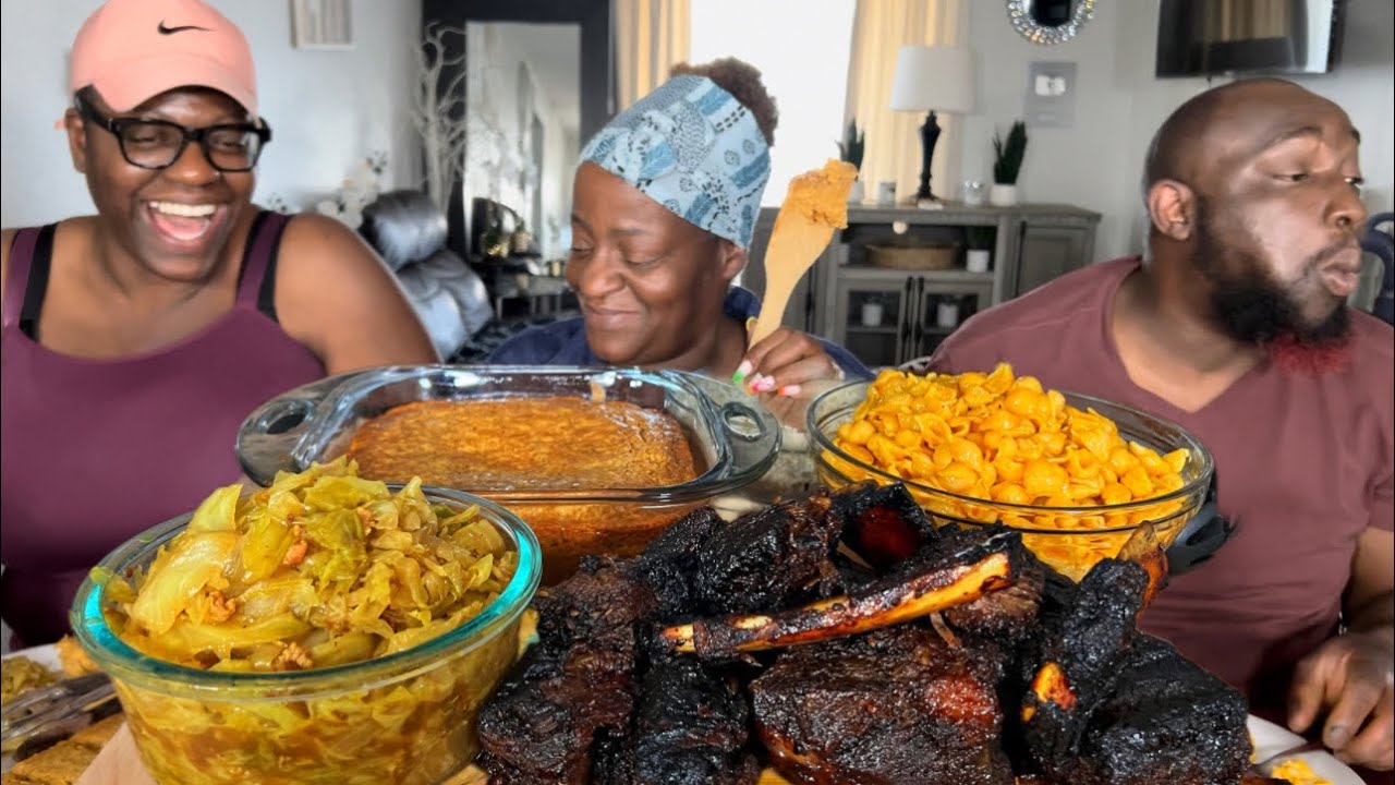 SOUL FOOD|| THAI BBQ SHORT RIBS|| SMOKED BACON CABBAGE & CORNBREAD|| MUKBANG EATING SHOW!