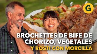 BROCHETTE de BIFE DE CHORIZO  BROCHETTE de VEGETALES  y ROSTI con MORCILLA  | El Gourmet