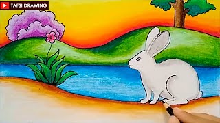 Menggambar Kelinci Di Tepi Sungai | Cara Menggambar Pemandangan dan Mewarnai Dengan Oil Pastel