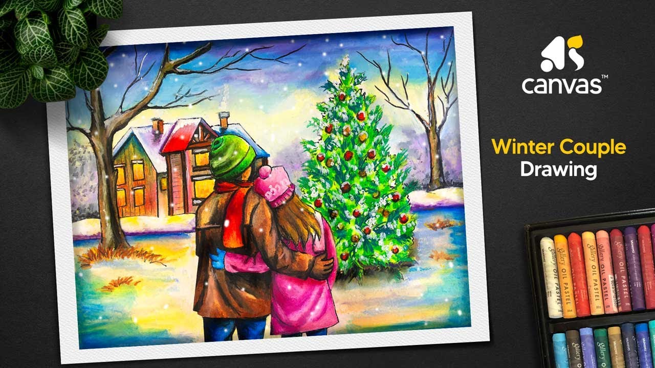 Winter couple scenery drawing | Winter scenery drawing with oil