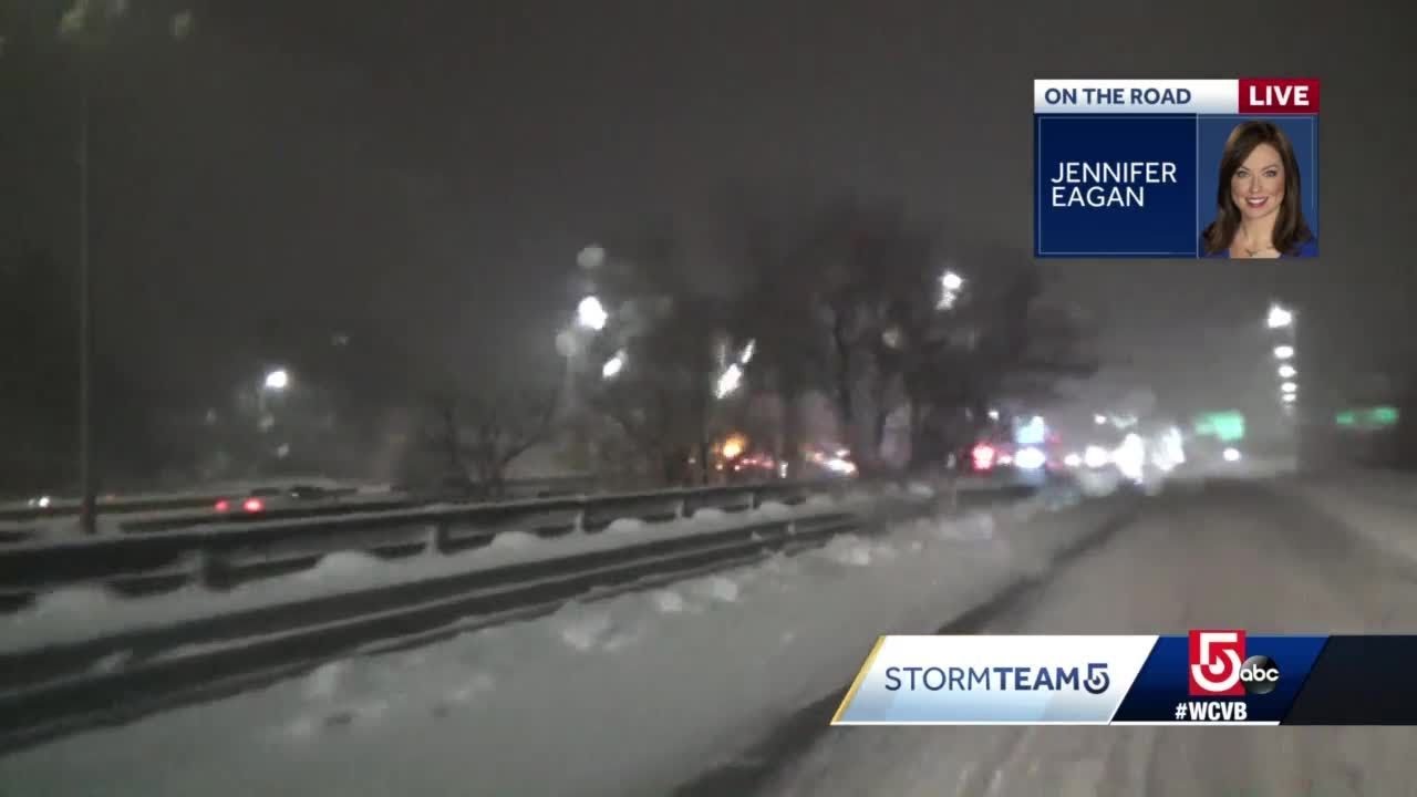 Wet, snow-covered roads for morning commute north of city - YouTube