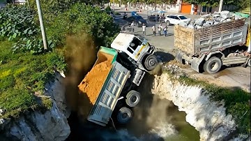 Starting Landfill using Skill Dozer KOMATSU pushing stone & Dump Truck 25.5Ton, Mix VDO