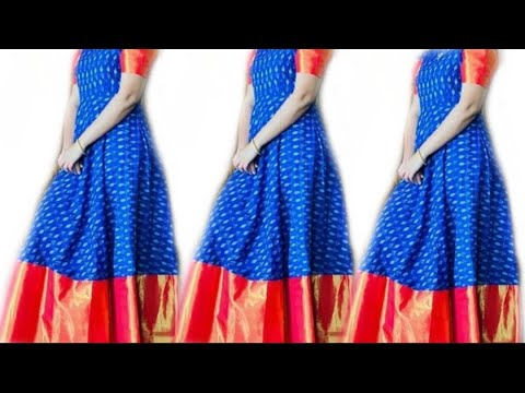 old saree to umbrella frock cuttingold saree to long frock cutting full  flare frock cutting  YouTube